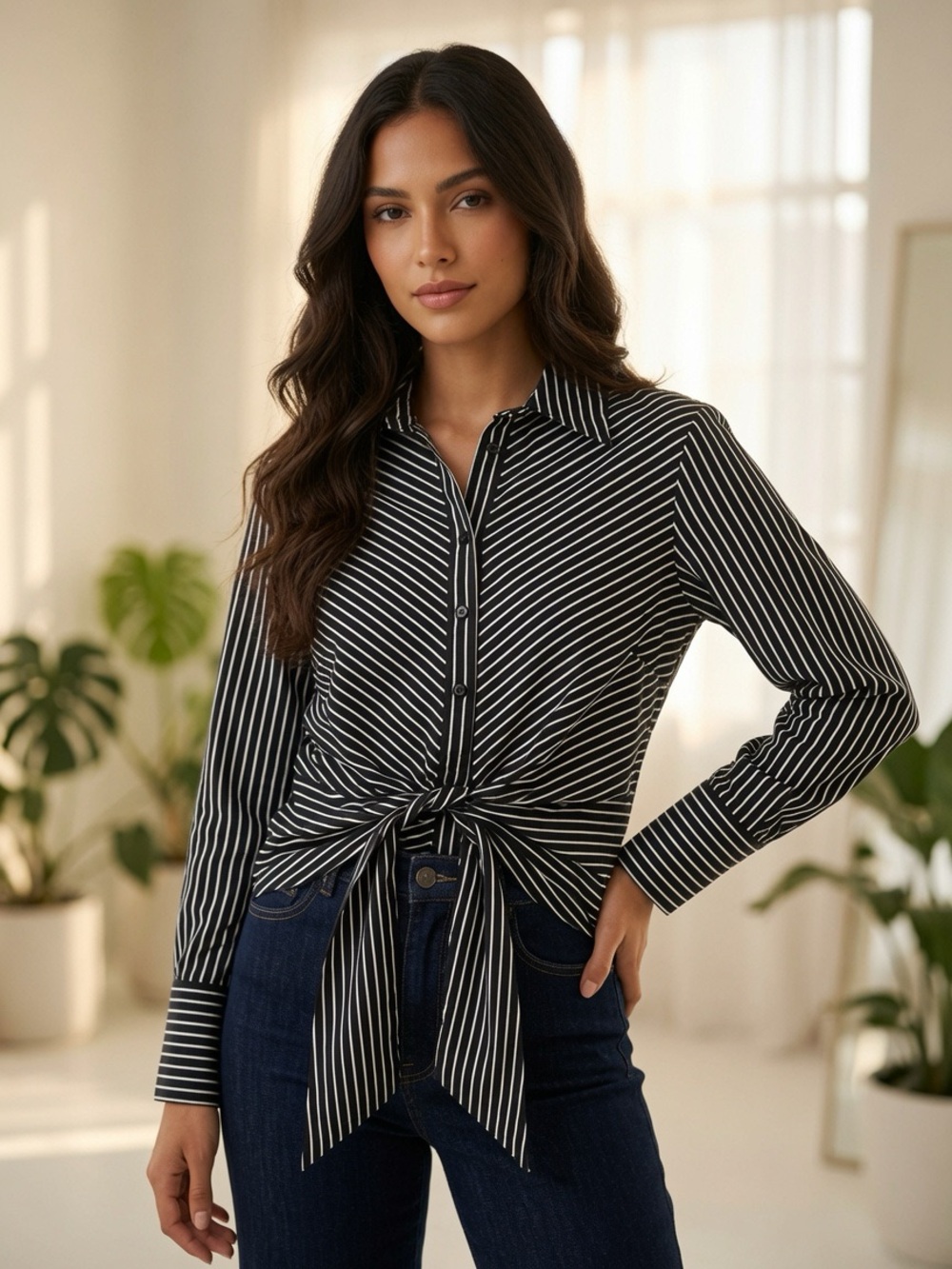 Neiman Marcus Black & White Striped Tie-Front Button-Down Shirt Sz. M